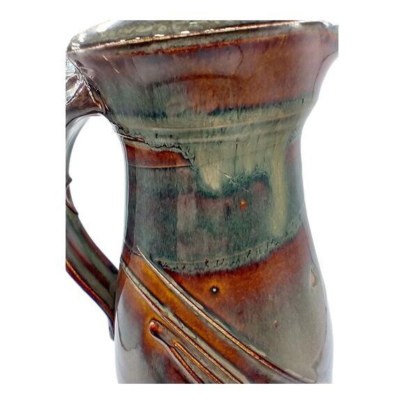 Pottery Pitcher With Applied Handle Green Brown Stamped/Signed Unknown VTG Flaw - Picture 5 of 11